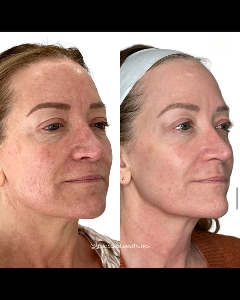 Before and after skincare treatment comparison showing reduced redness and improved skin texture on womans face