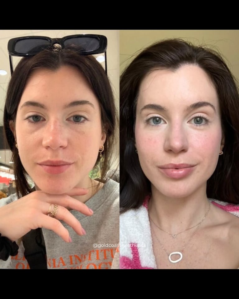 Before and after comparison of a womans face showing skincare or makeup results