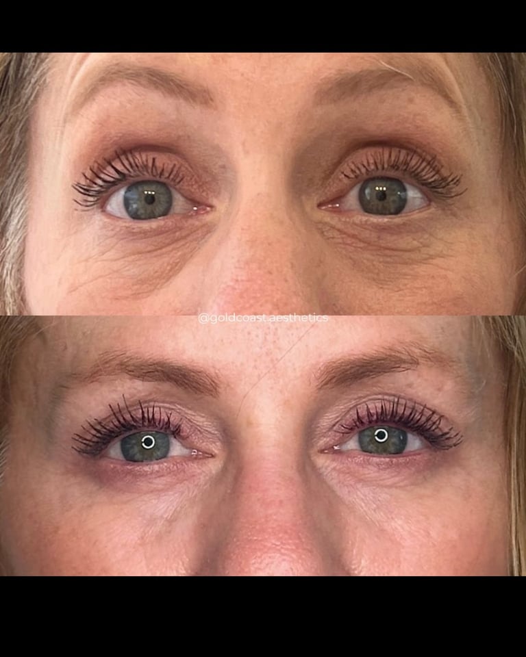 Before and after eye appearance comparison showing reduced under-eye bags and smoother skin texture in lower image