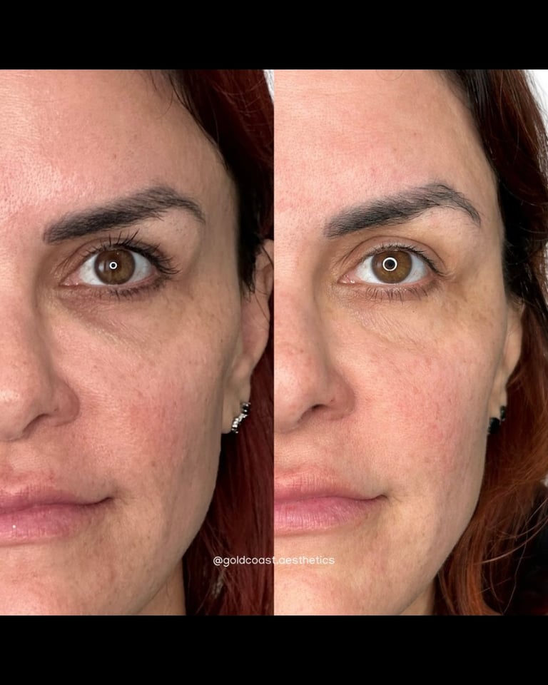 Before and after comparison of facial skin treatment showing reduced wrinkles and improved skin texture on a womans face