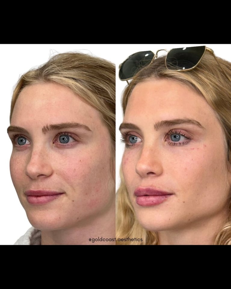 Before and after comparison of facial features showing skin texture improvement and enhanced lip definition by Goldcoast Aesthetics