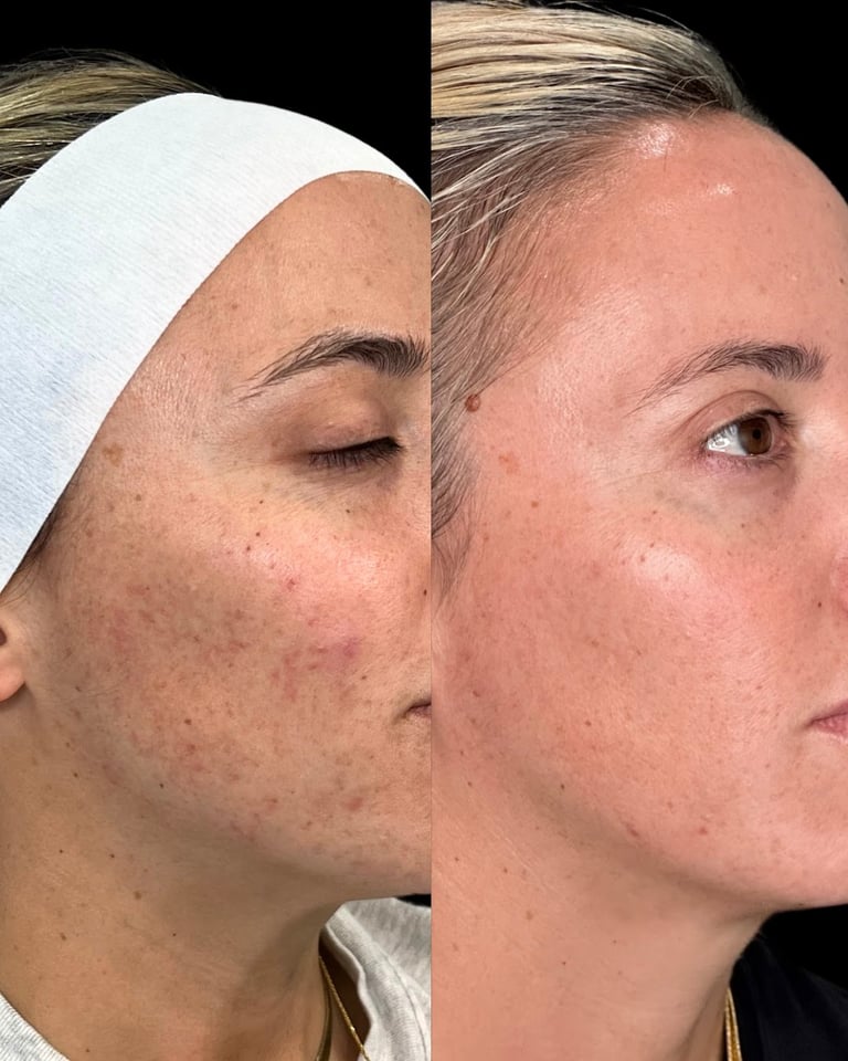 Before and after skincare treatment comparison showing reduced acne and improved skin clarity