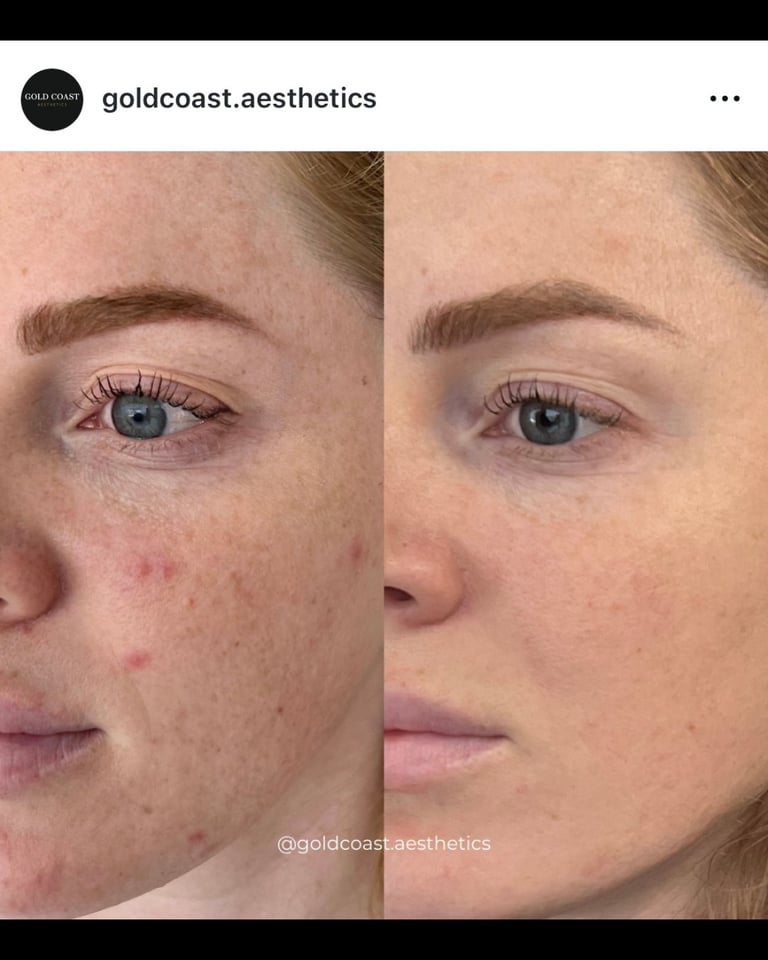 Before and after skin treatment showing reduced redness and improved complexion on a womans face