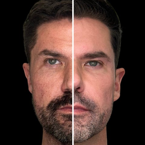 Before and after split image of a man showing facial hair removal, comparing bearded left side with clean-shaven right side