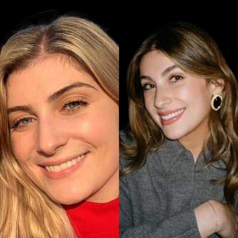 Side-by-side portrait comparison of two young women smiling at the camera against a dark background