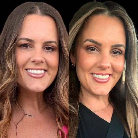 Two women smiling at the camera in side-by-side portrait photos against a black background