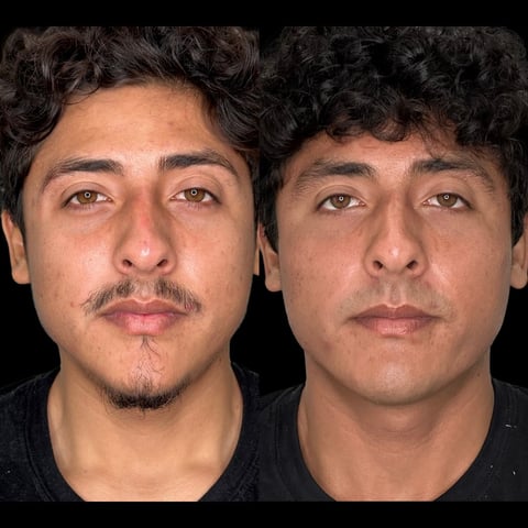 Side-by-side portrait comparison of two men with dark curly hair against a black background, showing facial features and expressions
