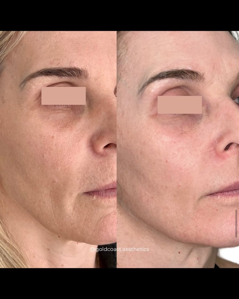 Before and after facial aesthetic treatment showing improved skin texture and reduced wrinkles on side profile
