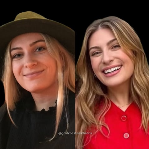 Two smiling women side by side, one wearing a tan cowboy hat and black top, the other in a red button-up shirt against a black background.