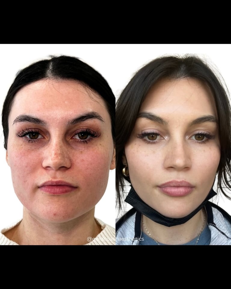 Before and after facial treatment comparison showing reduced redness and improved skin clarity